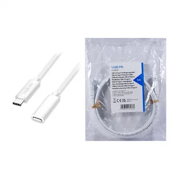 Cabo de extensão LOGILINK USB 2.0 Type-C – ficha USB-C para conector fêmea, 480 Mbit/s, 100W Power Delivery, branco, 1m