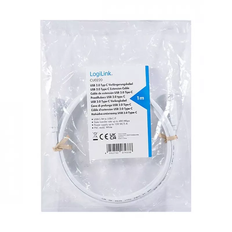Cabo de extensão LOGILINK USB 2.0 Type-C – ficha USB-C para conector fêmea, 480 Mbit/s, 100W Power Delivery, branco, 1m