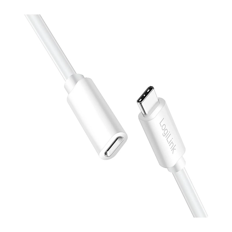 Cabo de extensão LOGILINK USB 2.0 Type-C – ficha USB-C para conector fêmea, 480 Mbit/s, 100W Power Delivery, branco, 1m