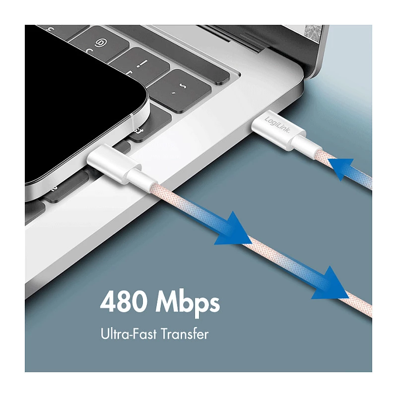 Cabo LogiLink USB 2.0 Type-C para Type-C, 1m, 60W Power Delivery, nylon entrelaçado, rosa