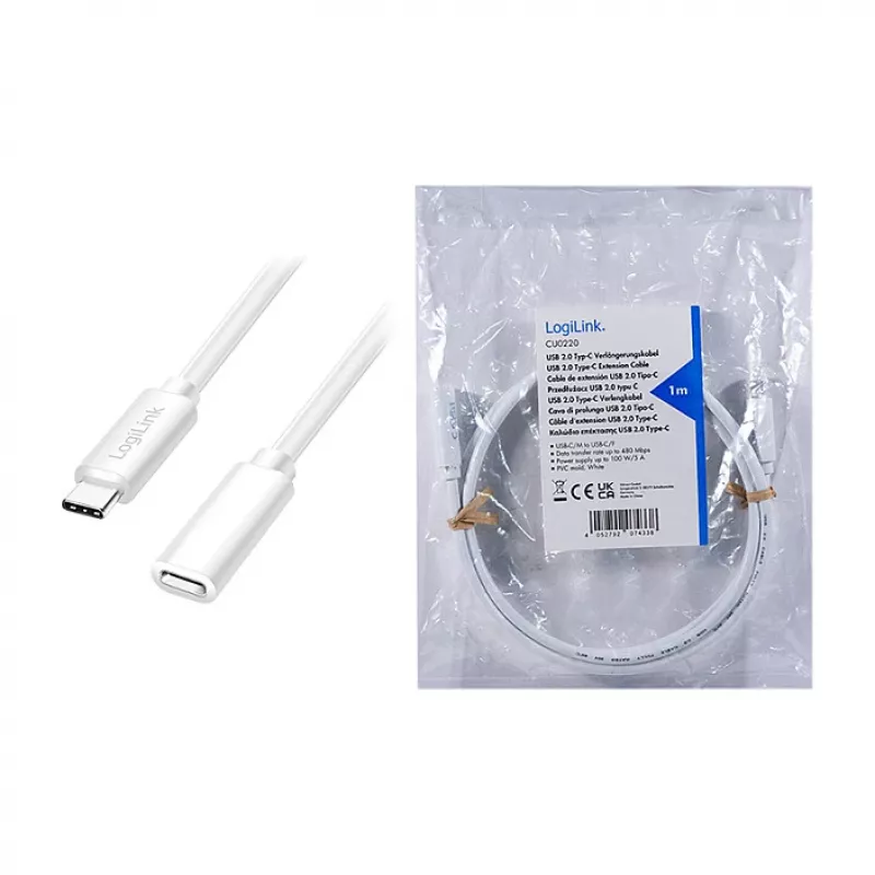 Cabo de extensão USB 2.0 USB-C Logilink (ficha para conector fêmea) – 100W PD, 480 Mbps, branco, 2m