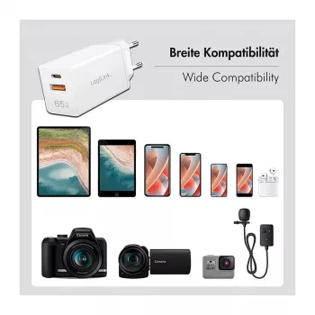Carregador Logilink USB-A/C 65 W GaN, 1x USB-A (QC), 1x USB-C (PD), branco