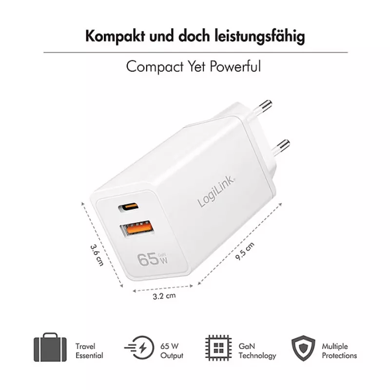 Carregador Logilink USB-A/C 65 W GaN, 1x USB-A (QC), 1x USB-C (PD), branco
