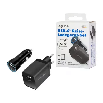 Logilink Kit de carregamento USB-A/C, 15 W, 1x USB-A, 1x USB-C, preto