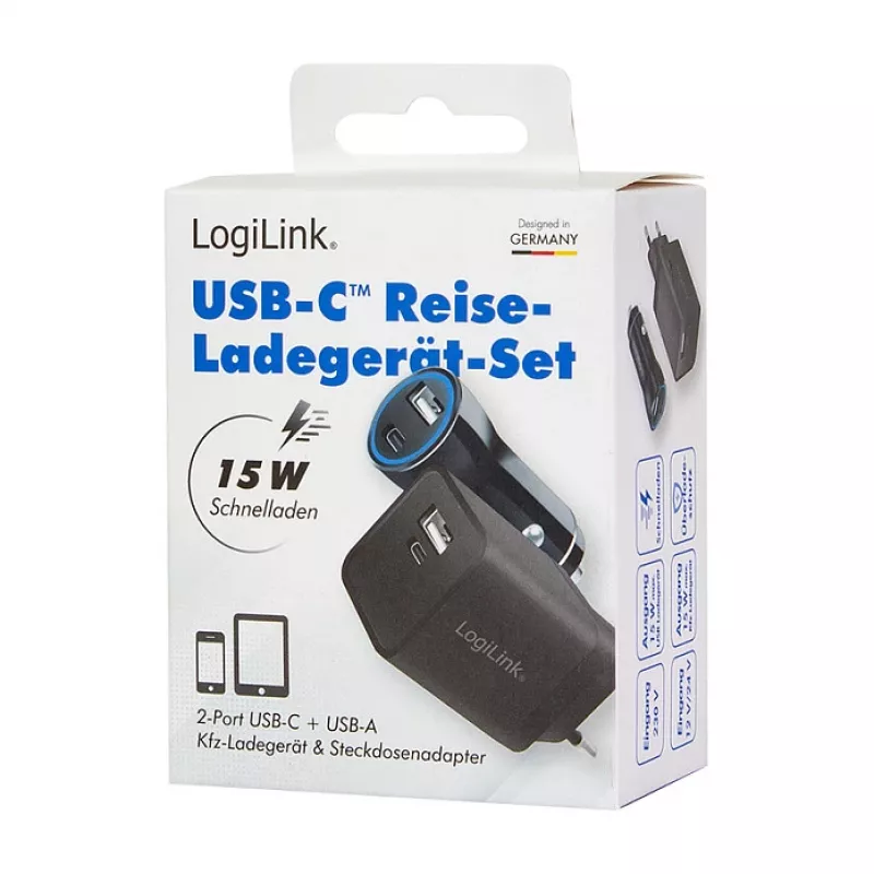 Logilink Kit de carregamento USB-A/C, 15 W, 1x USB-A, 1x USB-C, preto