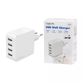 Logilink Carregador USB-A, 24 W, 4 portas, 4x USB-A, branco