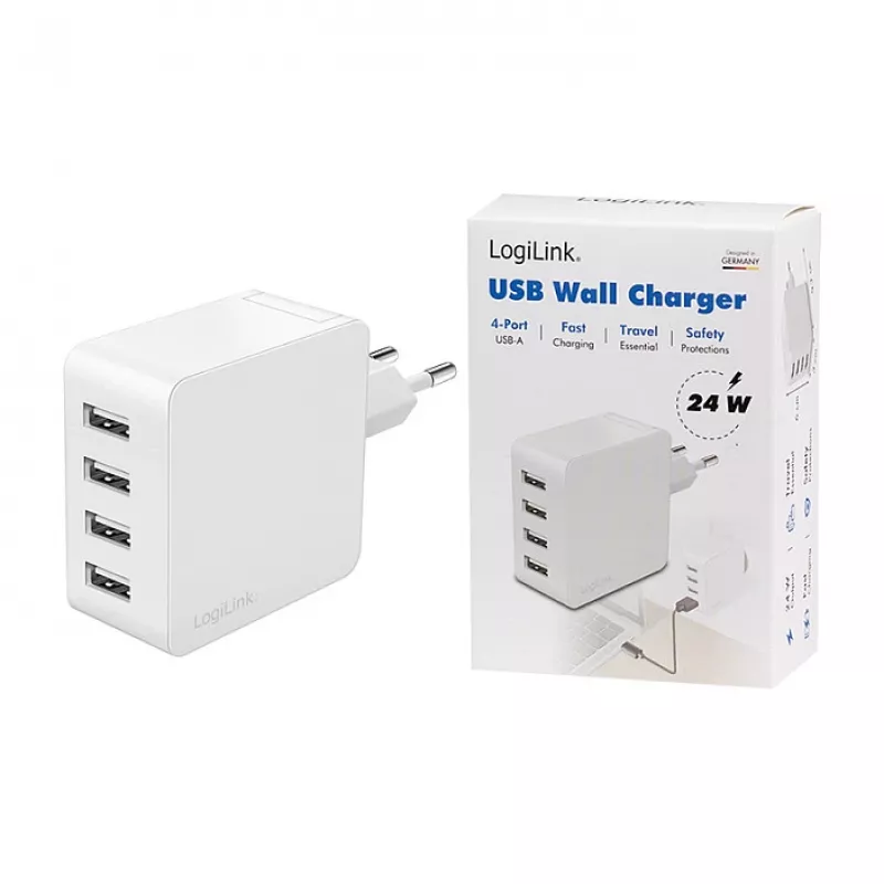 Logilink Carregador USB-A, 24 W, 4 portas, 4x USB-A, branco