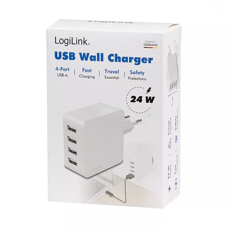 Logilink Carregador USB-A, 24 W, 4 portas, 4x USB-A, branco