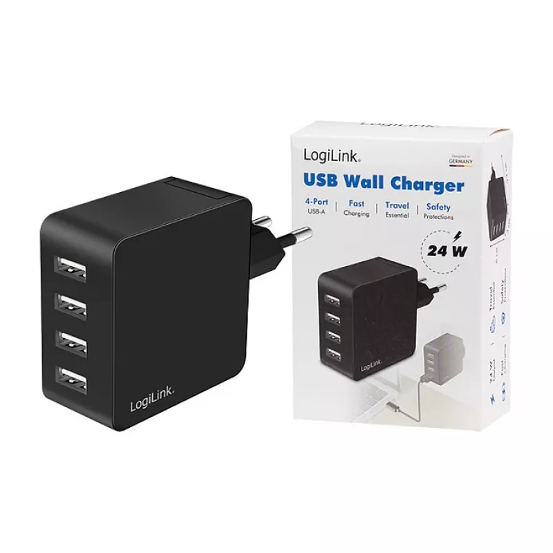 LogiLink Carregador de parede USB-A, 24W, 4 portas, 4x USB-A, preto