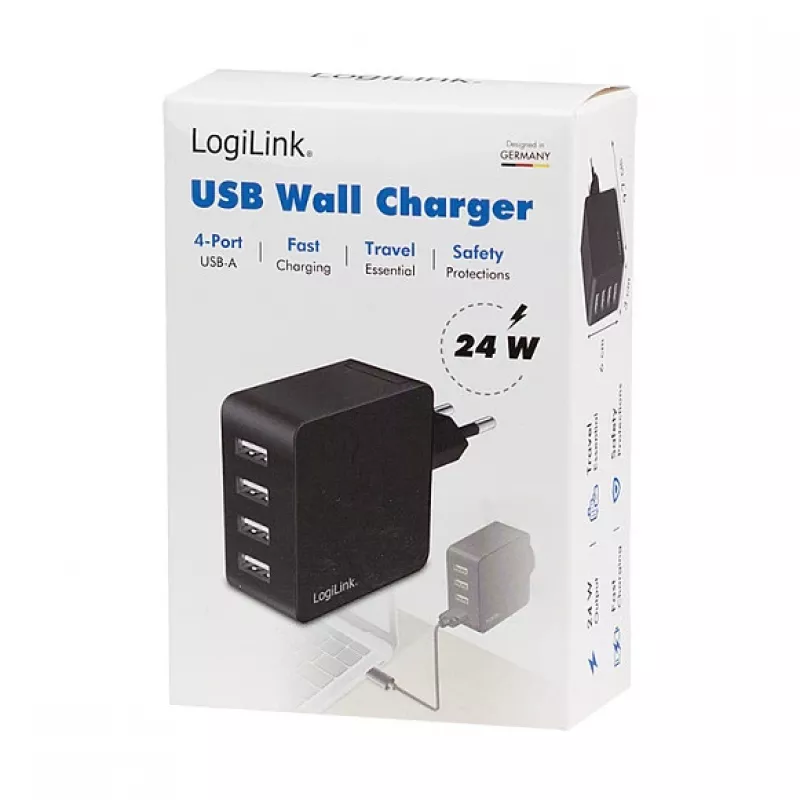 LogiLink Carregador de parede USB-A, 24W, 4 portas, 4x USB-A, preto