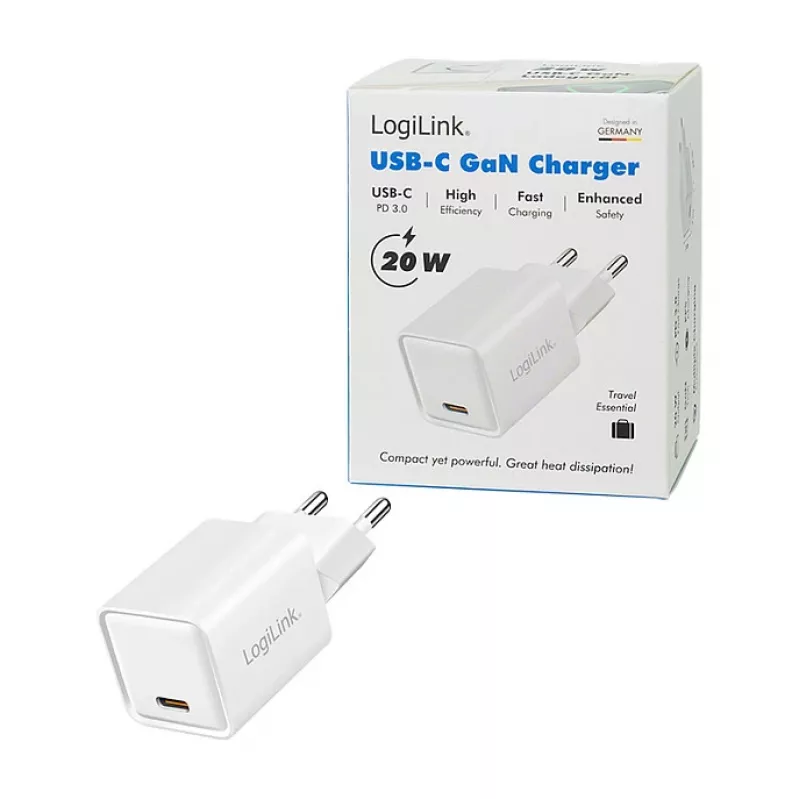 LogiLink Carregador USB-C 20 W GaN, 1 porta, USB Power Delivery, branco