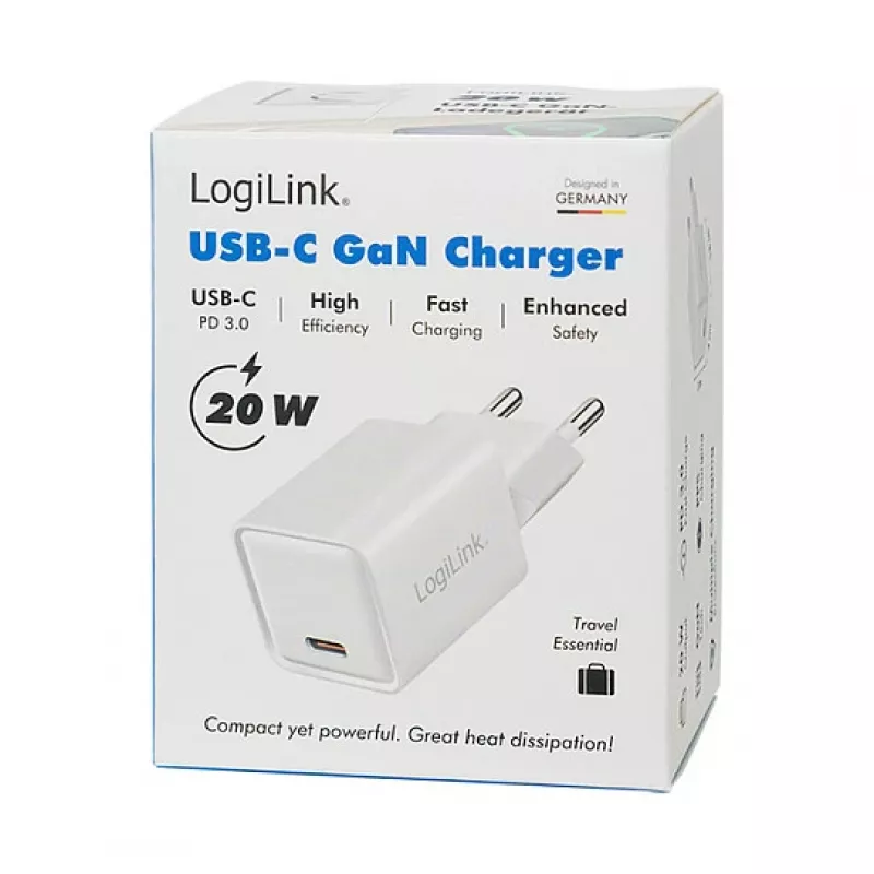 LogiLink Carregador USB-C 20 W GaN, 1 porta, USB Power Delivery, branco