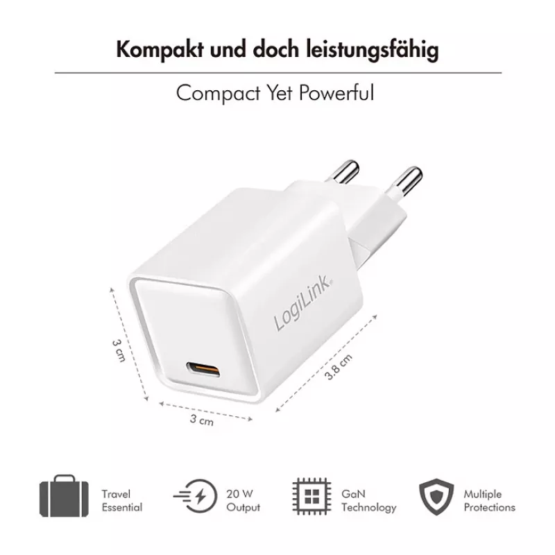 LogiLink Carregador USB-C 20 W GaN, 1 porta, USB Power Delivery, branco