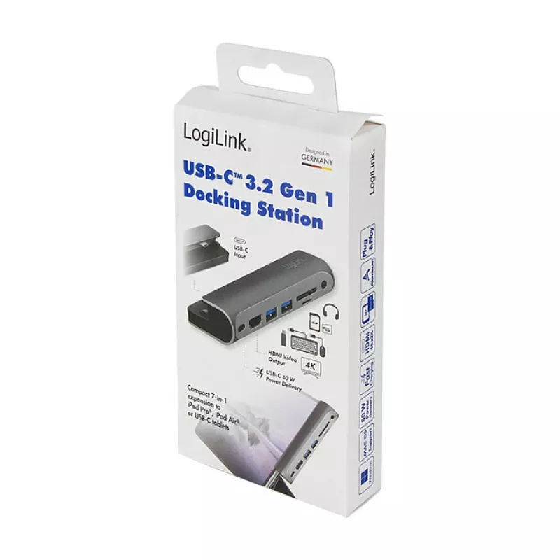 LogiLink UA0385 estação de acoplamento USB-C, 7 portas, USB 3.2 Gen1, PD, 4K HDMI, SD/microSD, 3,5 mm, para iPad, alumínio