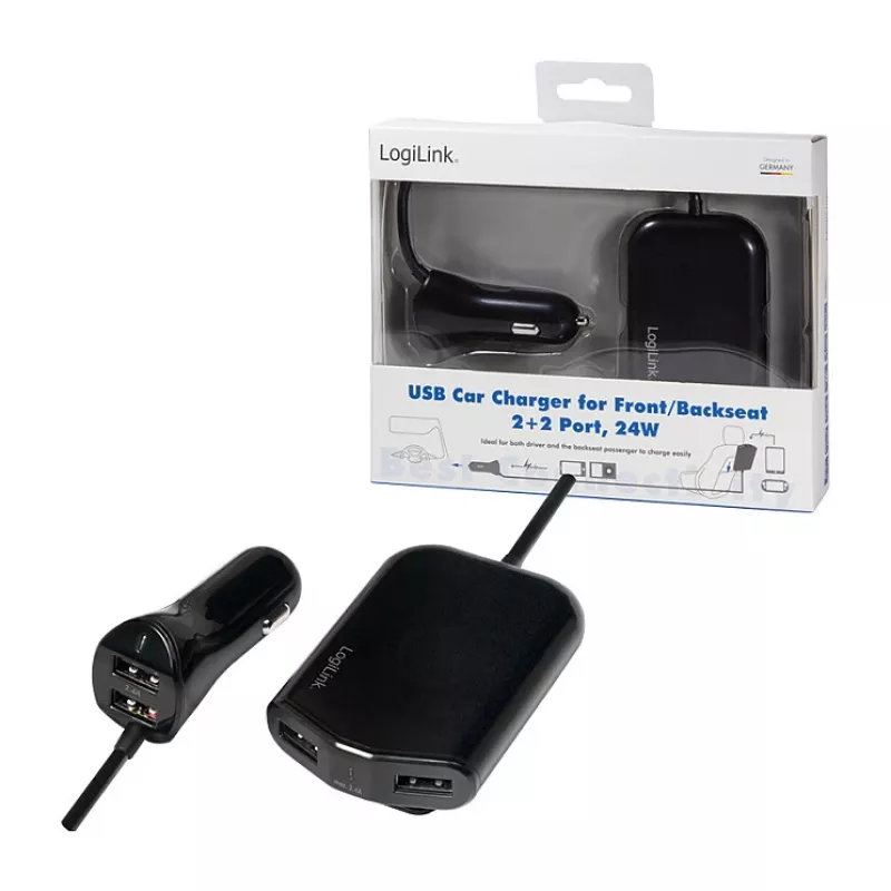 Logilink Carregador de automóvel USB, 2+2 portas, 24 W, preto