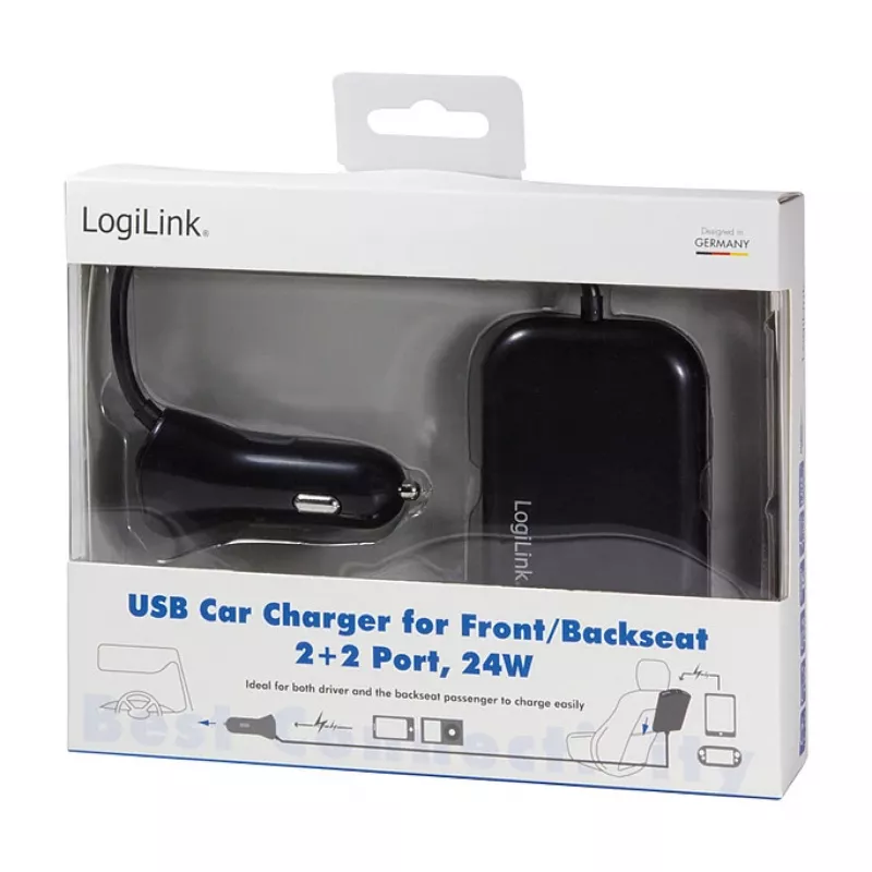 Logilink Carregador de automóvel USB, 2+2 portas, 24 W, preto