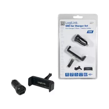 Conjunto de carregador de automóvel USB LogiLink, carregador de 2 portas + suporte