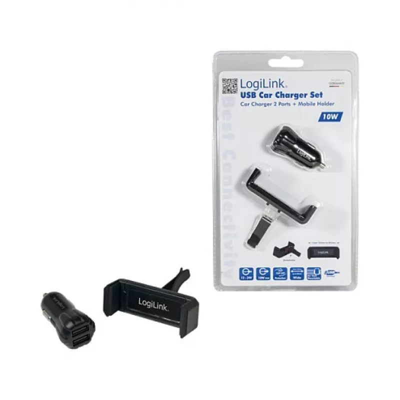 Conjunto de carregador de automóvel USB LogiLink, carregador de 2 portas + suporte