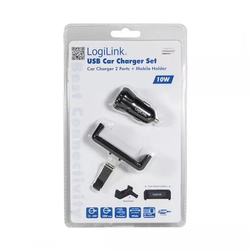 Conjunto de carregador de automóvel USB LogiLink, carregador de 2 portas + suporte