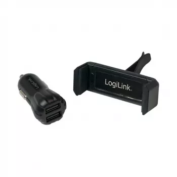 Conjunto de carregador de automóvel USB LogiLink, carregador de 2 portas + suporte