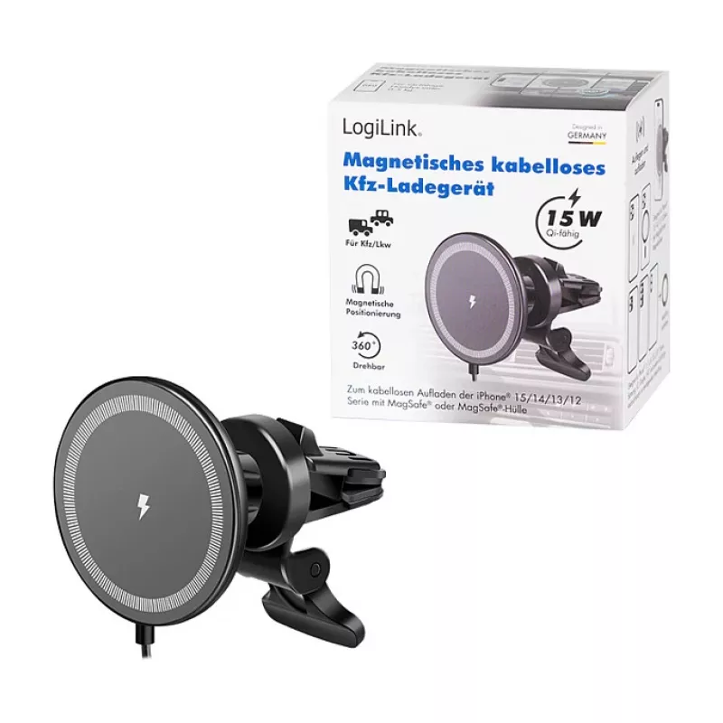 Carregador de automóvel sem fios LogiLink com suporte para smartphone 15W, forma redonda, Qi, fixação automática, grelha de ventilação e ventosa, preto