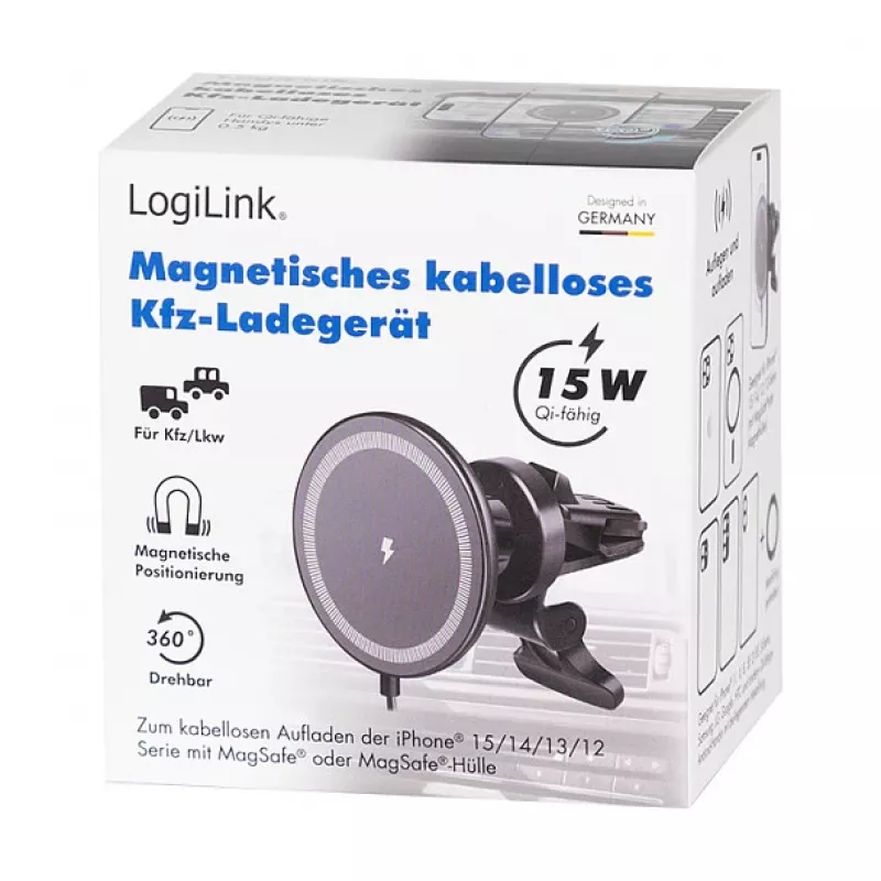 Carregador de automóvel sem fios LogiLink com suporte para smartphone 15W, forma redonda, Qi, fixação automática, grelha de ventilação e ventosa, preto