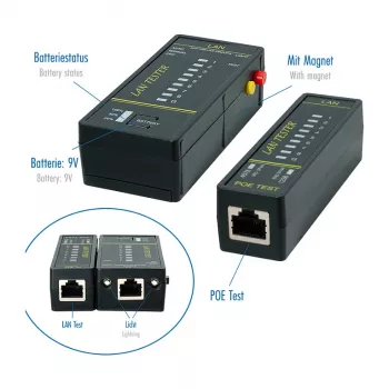 LOGILINK WZ0080 testador de cabos LAN e localizador PoE com íman, lanterna, LCD retroiluminado, alcance de 300 m