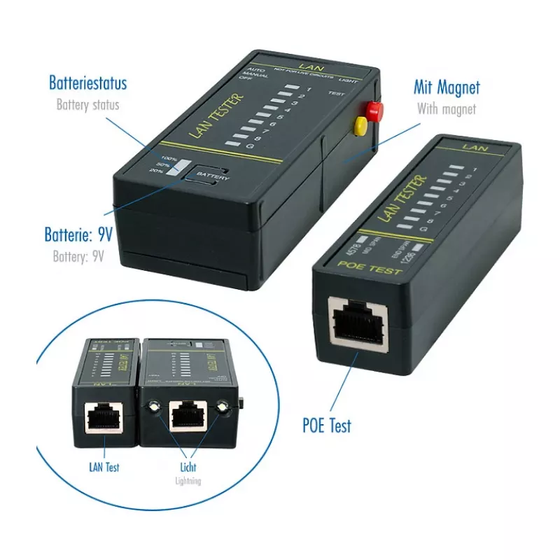 LOGILINK WZ0080 testador de cabos LAN e localizador PoE com íman, lanterna, LCD retroiluminado, alcance de 300 m