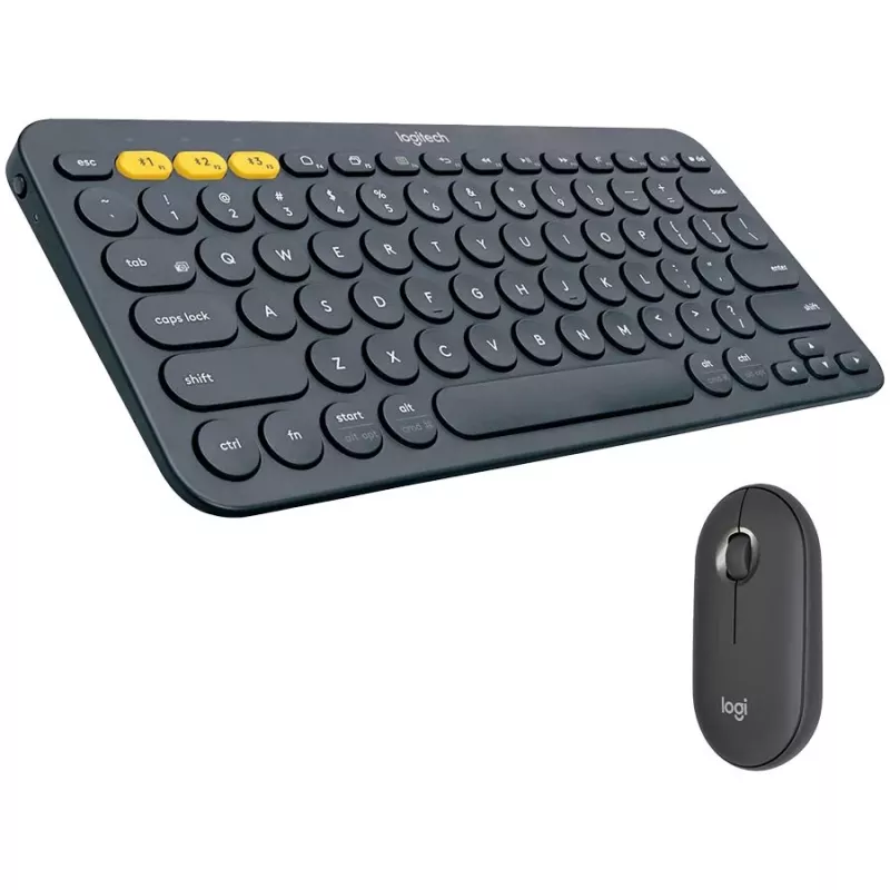 Logitech Pebble 2 Combo Tonal Graphite Conjunto de teclado e rato sem fios, Layout francês AZERTY, Bluetooth e recetor USB Logi Bolt, cliques silenciosos, multi-dispositivo, plástico reciclado