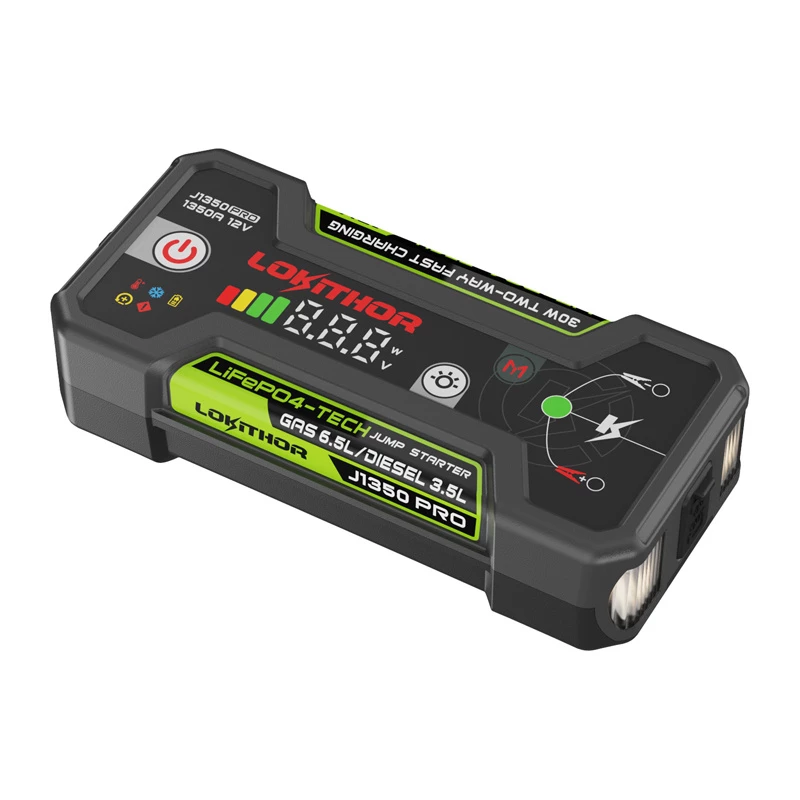 Arrancador de bateria LOKITHOR J1350 Pro 25.6Wh 12V com 2500A de corrente de pico e compressor de ar