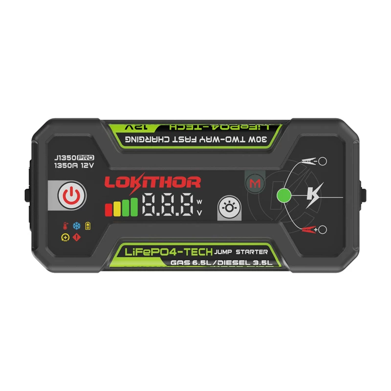 Arrancador de bateria LOKITHOR J1350 Pro 25.6Wh 12V com 2500A de corrente de pico e compressor de ar