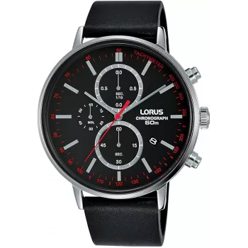 Lorus Relógio de quartzo de homem RM365FX9 - caixa em aço inoxidável de 43mm, mostrador preto, bracelete prateada, resistência à água 100m