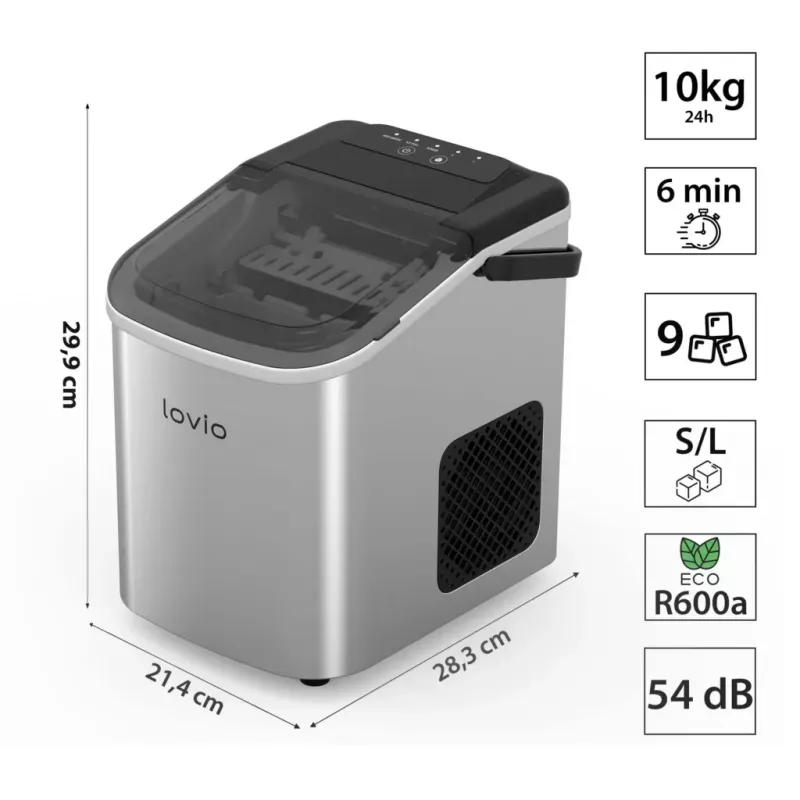 Lovio LVIM001SL Crystal Ice Home máquina de gelo – 12 kg/24h, depósito de 2,2L, prateado/preto