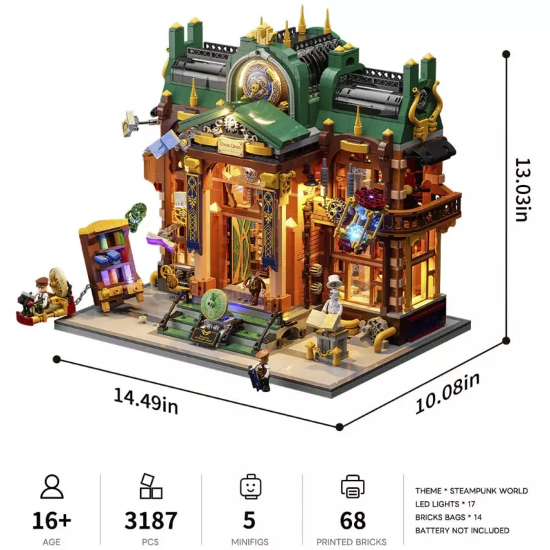 Kit de miniatura DIY Lumibricks Steampunk Time Rift Library Book Nook