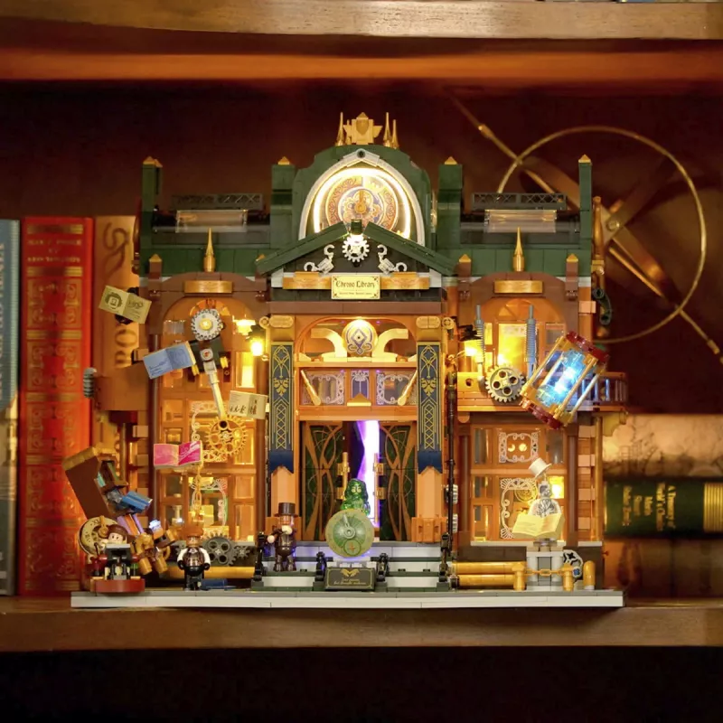 Kit de miniatura DIY Lumibricks Steampunk Time Rift Library Book Nook