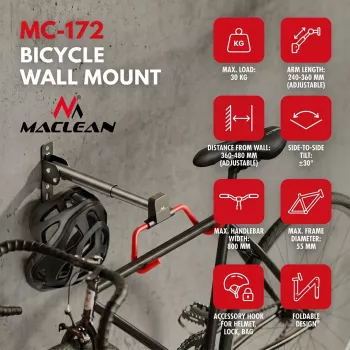 MACLEAN MC-172 Suporte de bicicleta horizontal para parede, aço, 30 kg de carga, ângulo ajustável, dobrável, preto