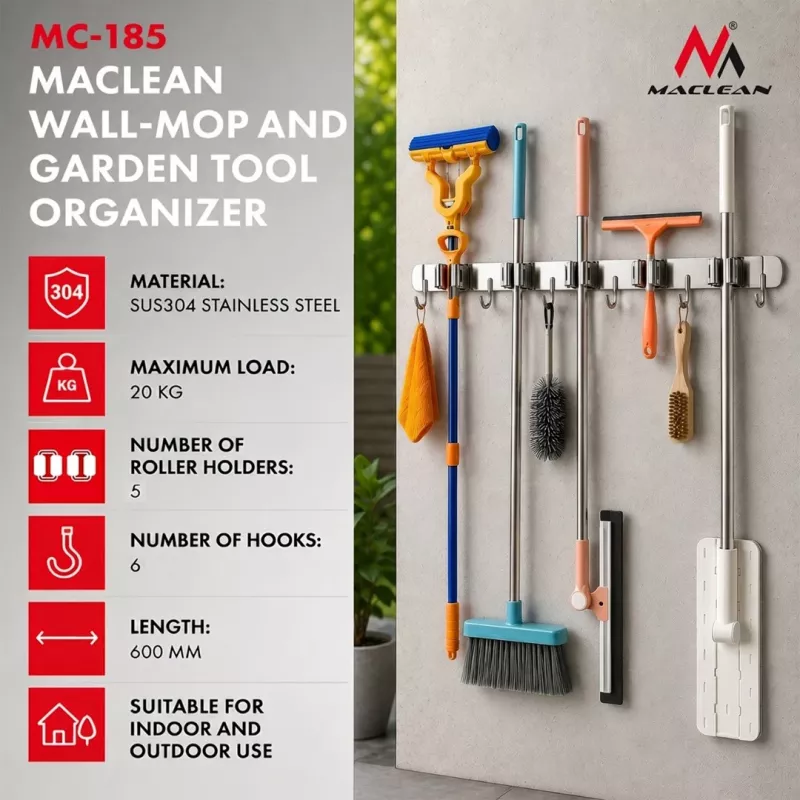 Maclean MC-185 Organizador de ferramentas de parede para ferramentas de jardim e esfregonas, aço, 60 cm, 20 kg de carga, com ganchos