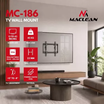 MACLEAN MC-186 suporte de parede para TV inclinável para ecrãs de 13-43 polegadas, VESA 200x200, 45 kg, preto