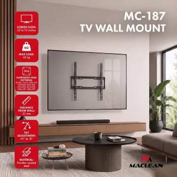 Suporte de parede inclinável para TV MACLEAN MC-187 para ecrãs 32-75 polegadas, VESA até 400x400, 45 kg, preto