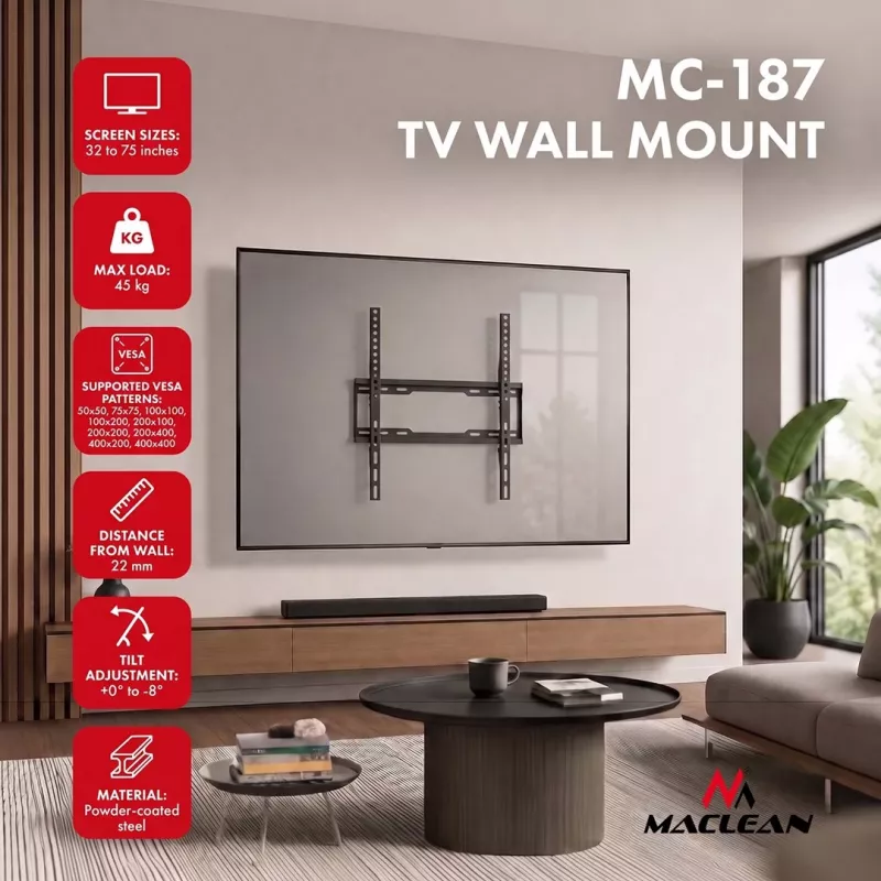 Suporte de parede inclinável para TV MACLEAN MC-187 para ecrãs 32-75 polegadas, VESA até 400x400, 45 kg, preto
