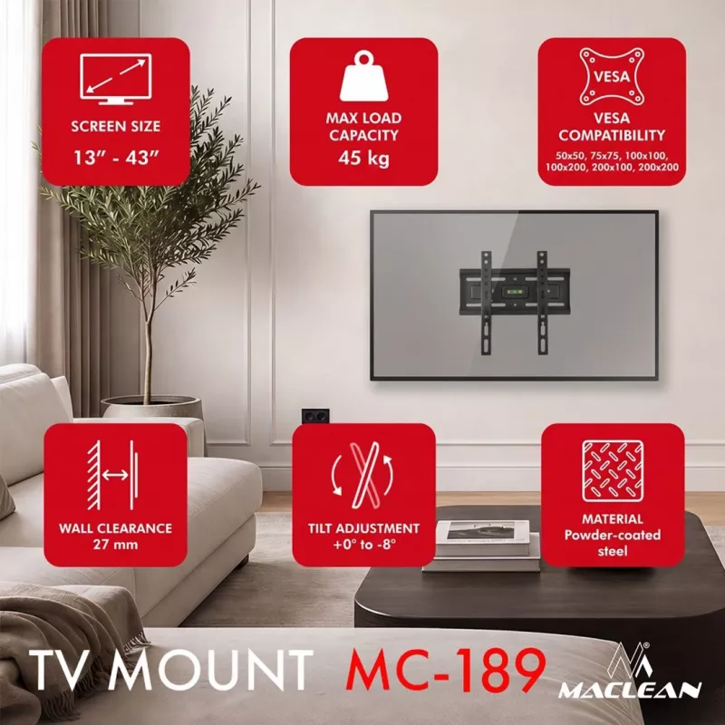 MACLEAN MC-189 Suporte de parede para TV inclinável para ecrãs de 13-43 polegadas, VESA 200x200, 45 kg, preto