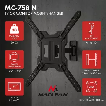 Suporte fixo Maclean MC-758 N para televisores e monitores 23-65 polegadas, 30 kg, VESA 400x400, preto