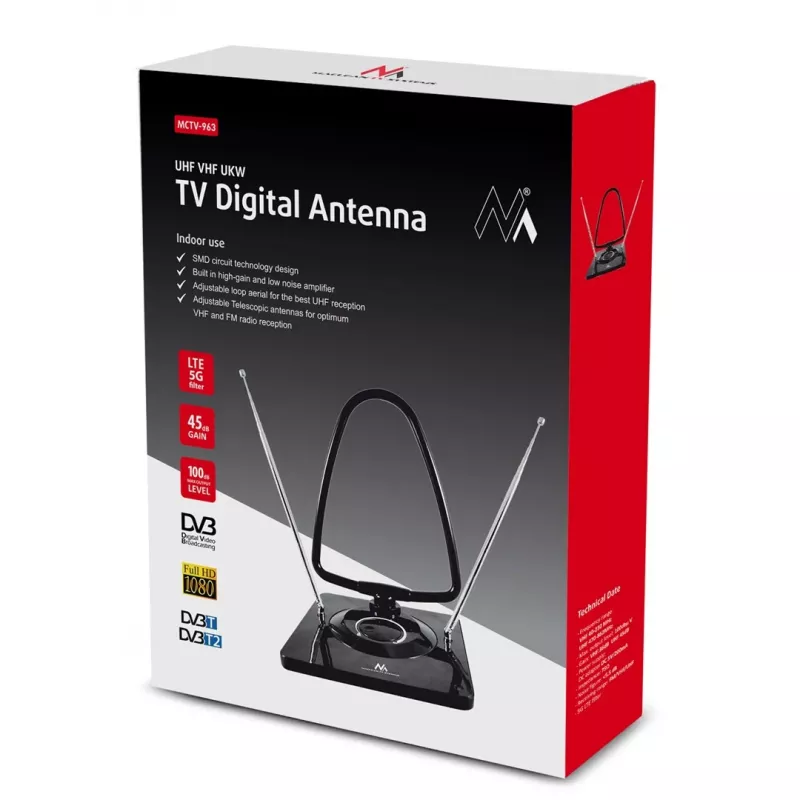 Maclean MCTV-963 Antena interior de alto ganho de baixo ruído Digital Analógica Freeview FM DVB Strong 45dB DVB-T/T2 H.265 HEVC