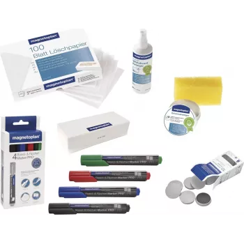 Conjunto de acessórios para quadro branco MAGNETOPLAN HOLTZ 12299 - Multicolor (Preto, Azul, Verde, Vermelho) com marcadores, ímanes, apagador, pano de limpeza e líquido de limpeza