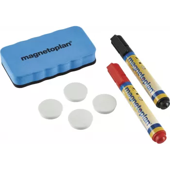 MAGNETOPLAN HOLTZ 37102 Conjunto de Acessórios para Quadro Branco – Apagador Magnético, 4 Ímanes, 4 Marcadores (Preto/Vermelho)