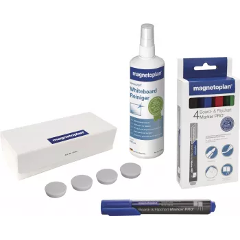 MAGNETOPLAN HOLTZ Magnetoplan 12299N Conjunto de acessórios para quadro branco – 4 marcadores de apagar a seco, 250 ml de líquido de limpeza, apagador magnético, 10 panos, preto