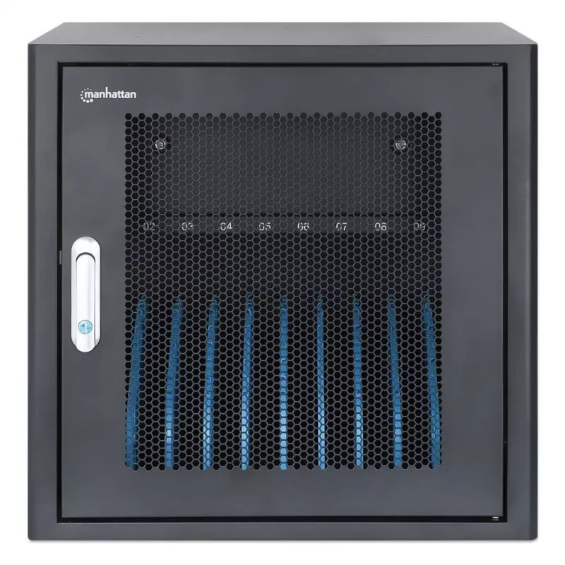 Manhattan armário de carregamento de portáteis 10 compartimentos de secretária com adaptador AC (UE) – carrinho de aço com fecho para portáteis até 16 polegadas, iPads, MacBooks, Chromebooks