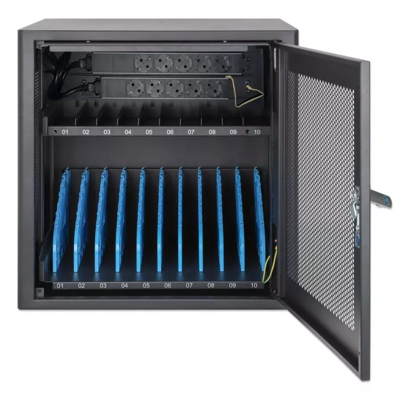 Manhattan armário de carregamento de portáteis 10 compartimentos de secretária com adaptador AC (UE) – carrinho de aço com fecho para portáteis até 16 polegadas, iPads, MacBooks, Chromebooks