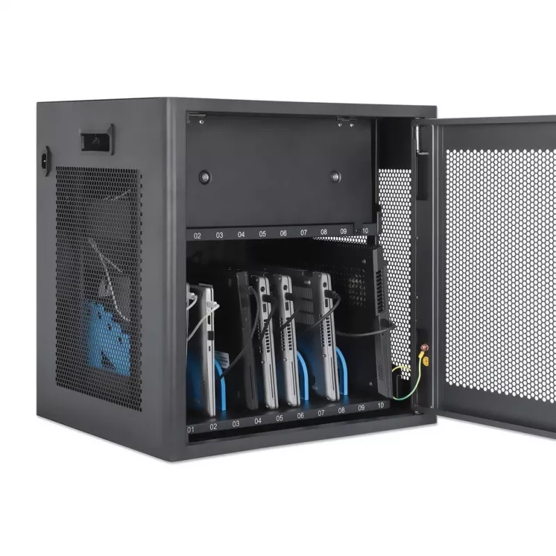 Manhattan armário de carregamento de portáteis 10 compartimentos de secretária com adaptador AC (UE) – carrinho de aço com fecho para portáteis até 16 polegadas, iPads, MacBooks, Chromebooks