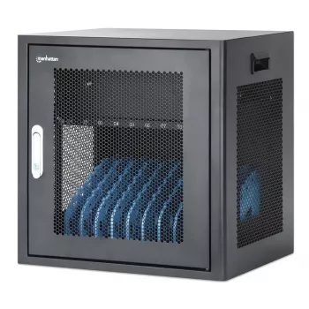 Manhattan armário de carregamento de portáteis 10 compartimentos de secretária com adaptador AC (UE) – carrinho de aço com fecho para portáteis até 16 polegadas, iPads, MacBooks, Chromebooks